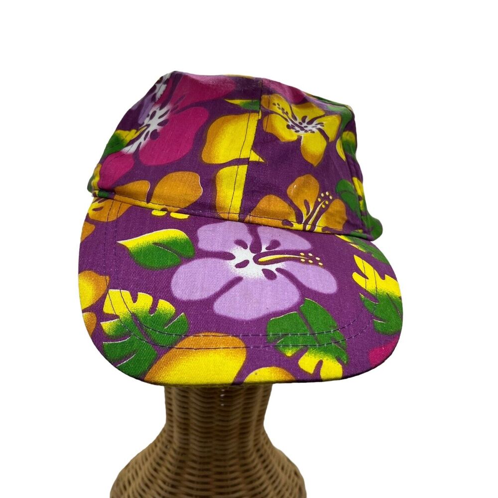 Tropical Hawaiian Hat 1990s Retro Floral Purple Yellow Adjustable Snapback Cap